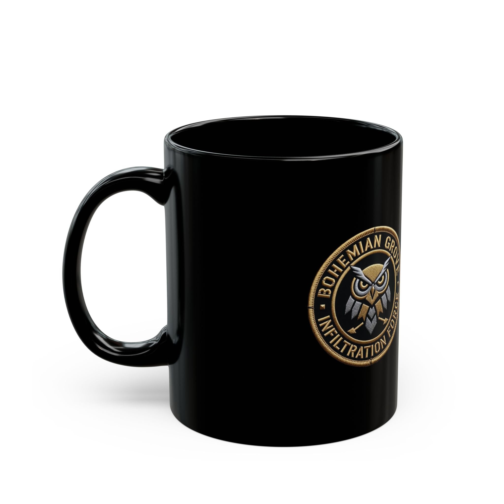 Owl Emblem Black Coffee Mug – Bohemian Grove Infiltration Force Logo (11oz & 15oz)
