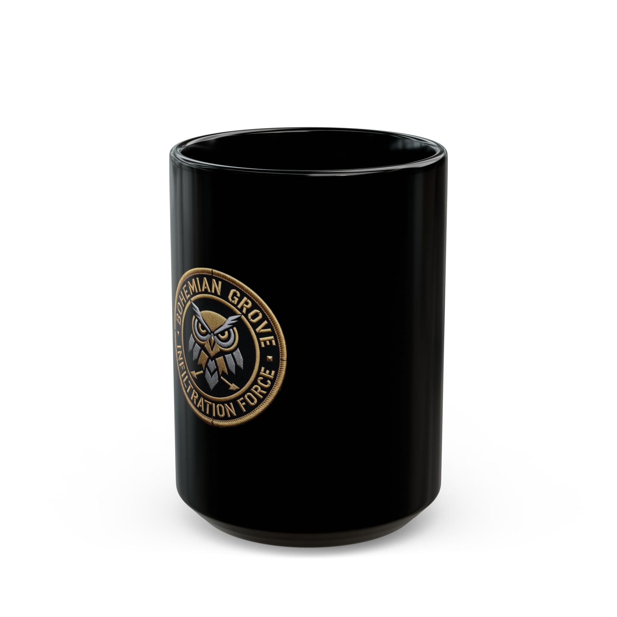 Owl Emblem Black Coffee Mug – Bohemian Grove Infiltration Force Logo (11oz & 15oz)