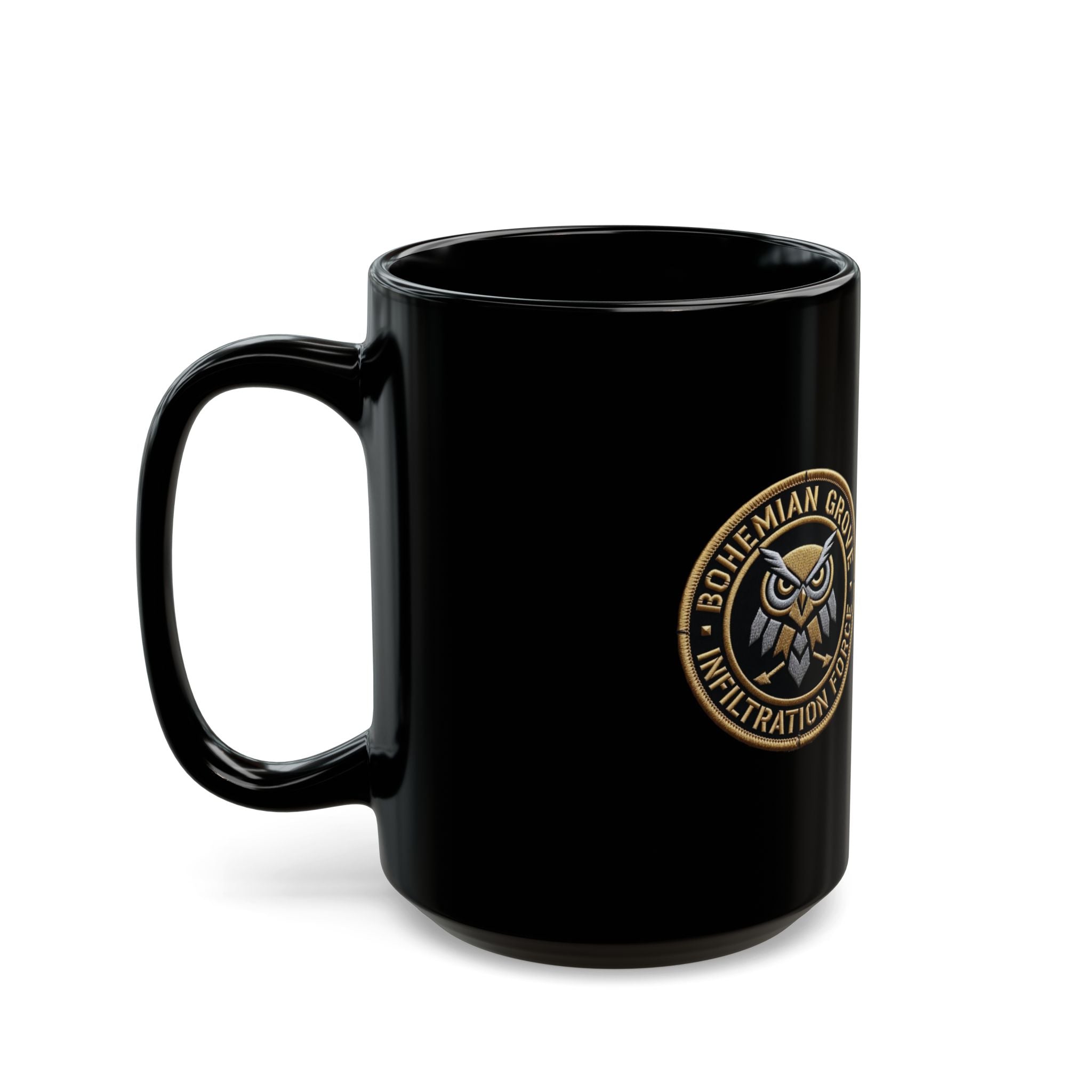 Owl Emblem Black Coffee Mug – Bohemian Grove Infiltration Force Logo (11oz & 15oz)