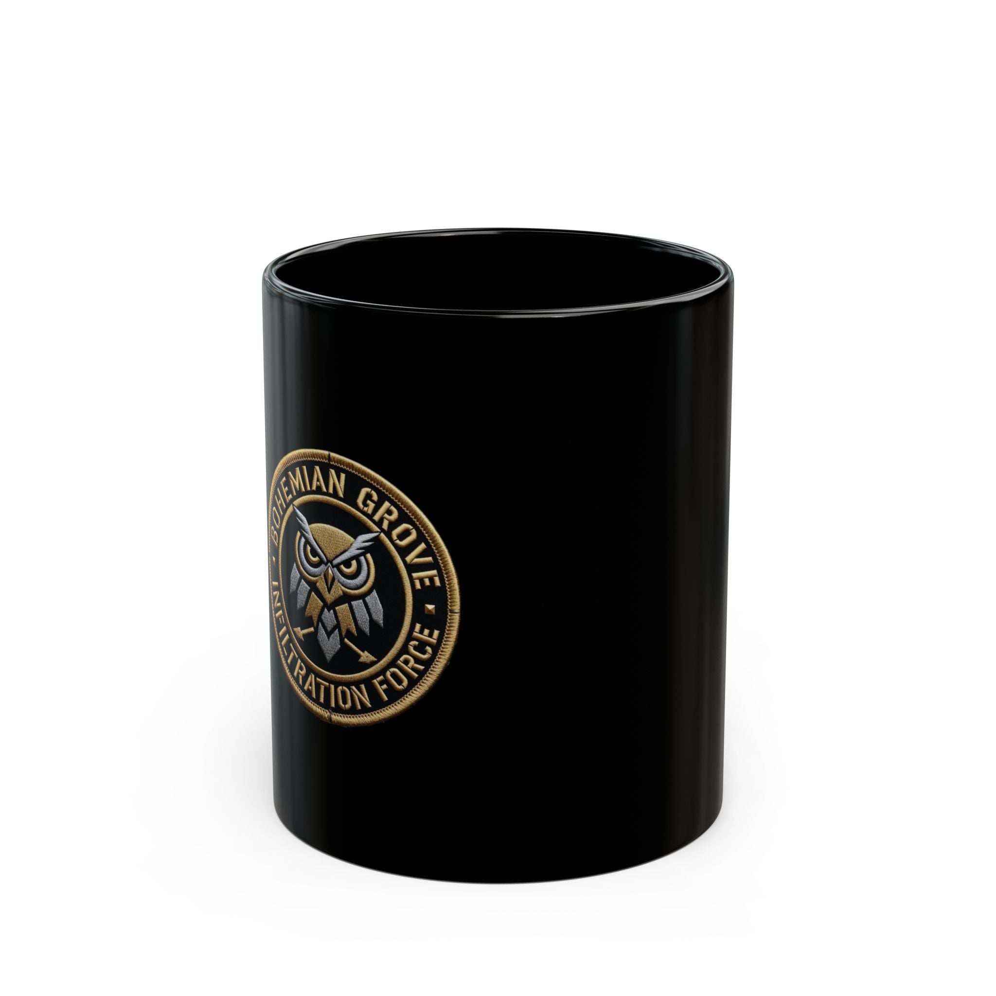Owl Emblem Black Coffee Mug – Bohemian Grove Infiltration Force Logo (11oz & 15oz)